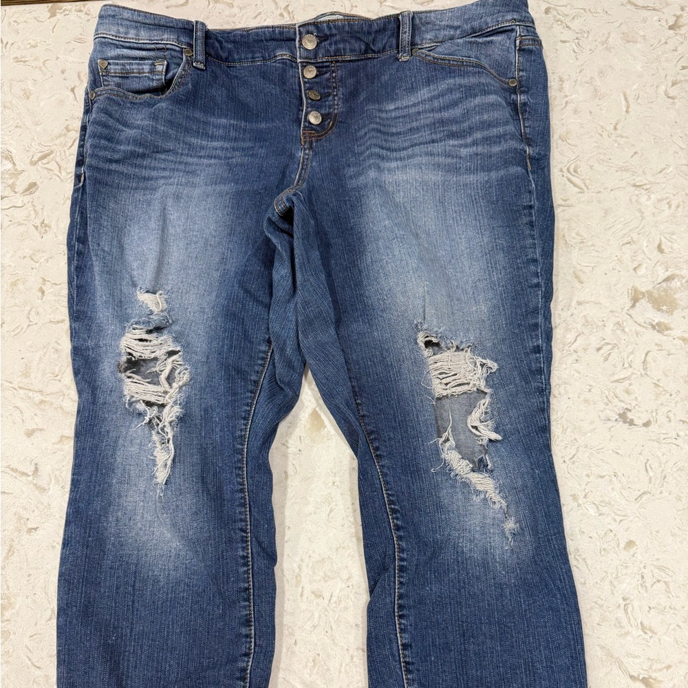 Torrid Medium Blue Distressed Button-Fly Capris - image 1